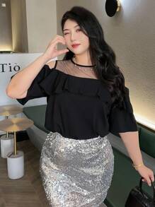 Dazy Plus 大码夏季优雅网眼拼布荷叶边露肩衬衫 - 黑色 - 查看 5