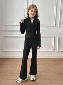 SHEIN 青少年女孩针织舒适贴身小高领拉链夹克和紧身喇叭裤两件套运动休闲套装，秋冬 - 黑色 - 查看 6