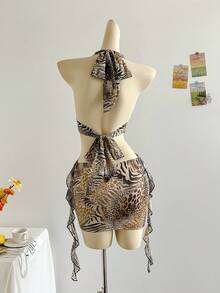 Soleia 女士性感迷你连衣裙，复古豹纹与斑马纹组合，V领，金属装饰吊带，腰部镂空，荷叶边下摆，适合派对、约会、下午茶、街头、城市度假、音乐节、海滩、夏季风格 - 彩色 - 查看 2