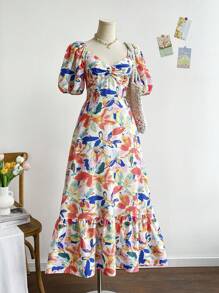 Soleia 女士彩色花卉印花泡泡袖 V 领荷叶边下摆浪漫长裙，适合婚礼、毕业典礼、返校派对、休闲单身派对、复古夏季、橙色热带印花长裙 - 彩色 - 查看 4