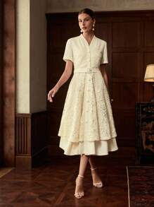 ZEYLAH 撞色蕾丝腰身收腰长袖优雅长裙，秋冬 - 杏色 - 查看 5