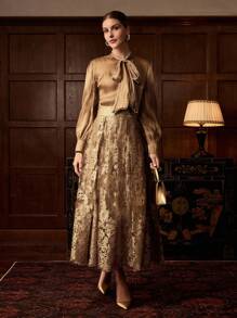 ZEYLAH Embroidered Floral Mesh Long Elegant Skirt - Champagne - View 6
