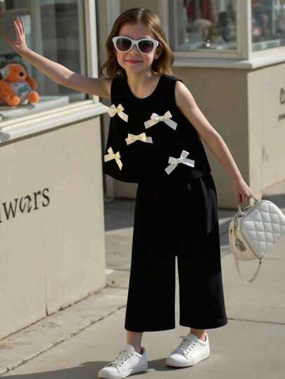 SHEIN Elladie kids 2pcs/Set Toddler Girls' Fashionable Cute 3D Bow Decor Sleeveless Tank Top And Cropped Pants Set, Versatile For Daily Wear, Vacation & Outings, Spring/Summer
