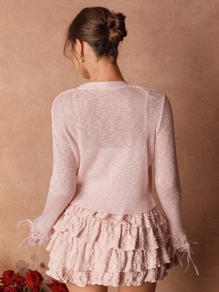 2pcs Elegant Romantic Camisole Knit Top, Long Sleeve Beaded & Feather 3D Floral Design Cardigan Set For Women, Pink