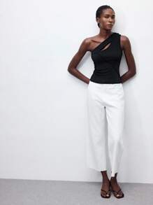 Maija 2025 Summer New Arrivals Black Asymmetric Cutout Hollow Design Asymmetrical Neck Sleeveless Top, Fashion Casual Chic Urban Elegant Romantic Office/Business/Party/Beach/Music Festival/Wedding Guest/Brunch/Retro Street Style/Back To School Autumn, Y2K, Going Out - Black - View 6