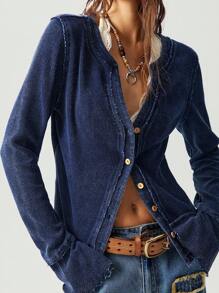 Bohemela 大码休闲复古纽扣前喇叭袖T恤 - 藏蓝色 - 查看 7