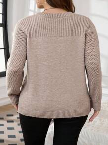 SHEIN CURVE+ 大码女士优雅休闲针织毛衣上衣，适合秋冬季节穿着 - 卡其色 - 查看 2
