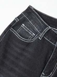 ROMWE Grunge Punk Women's Casual Washed Rhinestone Flared Jeans - Black - View 6