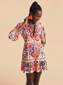 Travachic 时尚休闲度假花卉印花长袖女式迷你连衣裙 - 米色 - 查看 6