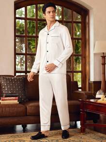 SHEIN Men Contrast Piping Lapel Collar Top & Pants PJ Set, White Pajama Set, Fall Clothes - White - View 6