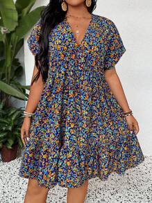 SHEIN LUNE Plus Size Ditsy Floral Short Casual Summer Vacation Dress Floral Summer Dress Boho Summer Dress Short Sleeve Summer Dress Women Summer Dress,Holiday Outfits For Women - Blue - View 5