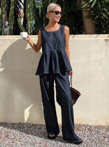 Livesso 女士荷叶边下摆圆领无袖上衣和牛仔裤休闲牛仔套装 - 深色水洗藍 - 查看 4