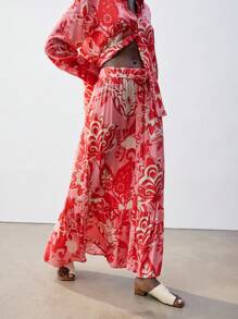 Maija 女式紫红色和淡黄色花卉植物印花半身裙（配腰带），春夏波西米亚风别致宽松 A 字形荷叶边下摆设计，舒适度假/节日、乡村音乐节、伊比沙岛，百搭百搭穿着 - 西瓜粉 - 查看 6