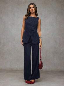 SHEIN BAE Women's Professional Striped Vest And Trousers Suit For Commuting In Fall/Winter - Navy Blue - View 3