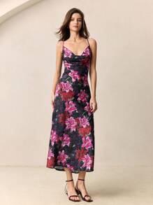 BizChic 2025 Summer New Floral Retro Print Adjustable Strap Dress, Romantic & Vintage Style, Suitable For Independence Day Music Festival, Party, Wedding Guest, Brunch, Urban Commute, Casual Versatile For Women