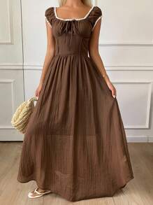 Livesso Women's Contrast Color Off Shoulder Ruffle Front Tie Dress, Fashion Dress - Brown - View 5