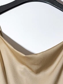 SHEIN Franclia 婚礼宾客礼服 秋季女装 优雅简约醋酸纤维缎面网纱拼接长袖连衣裙，秋季全白大学香槟色连衣裙 - 卡其色 - 查看 6