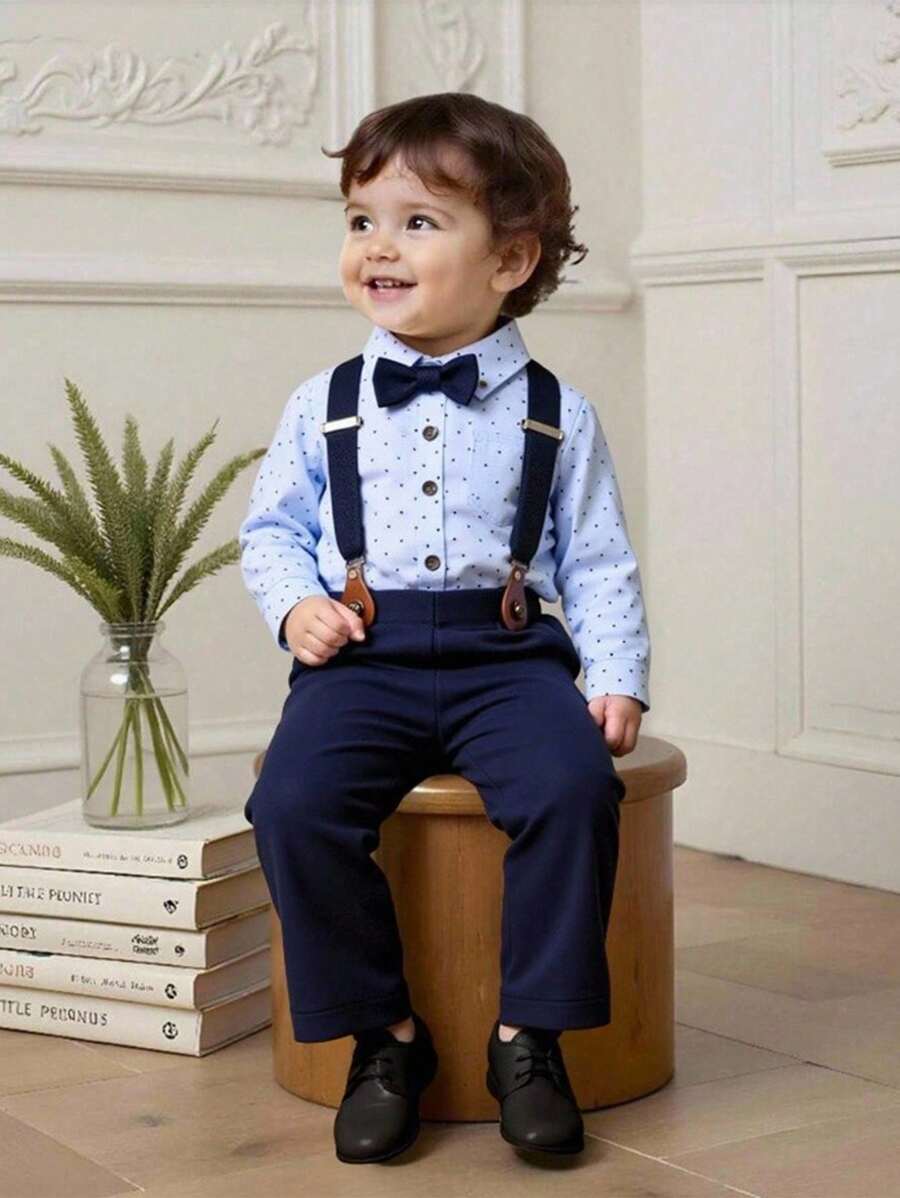 SHEIN 2pcs Baby Boys Romper Outfit Set: Light Blue Polka Dot Bodysuit With Navy Blue Bow Tie Collar And Button Front, Paired With Adjustable Navy Blue Bib Overalls. Suitable For Weddings, Birthdays, And Other Celebrations Fall Winter - Multicolor - View 1
