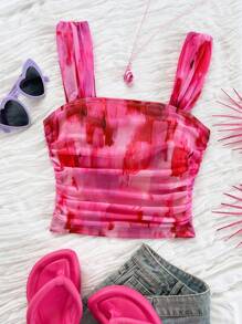 Soleia 女士度假春假女士花卉印花方领度假背心派对、夜间外出上衣、返校节扎染上衣海滩上衣夏季上衣节日上衣海滩俱乐部 - 彩色 - 查看 5