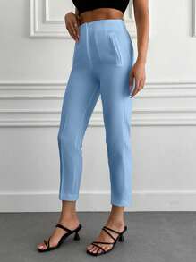 EURMUSE Frenchy Solid Colored Pleated Tapered Pants ,Petite Women - Blue - View 4