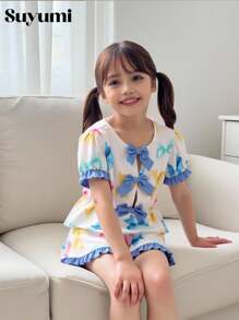 2pcs Tween GirlsButterfly Print Puff Sleeve Blouse And Ruffle Hem Shorts Summer Holiday Outfit - Blue - View 2