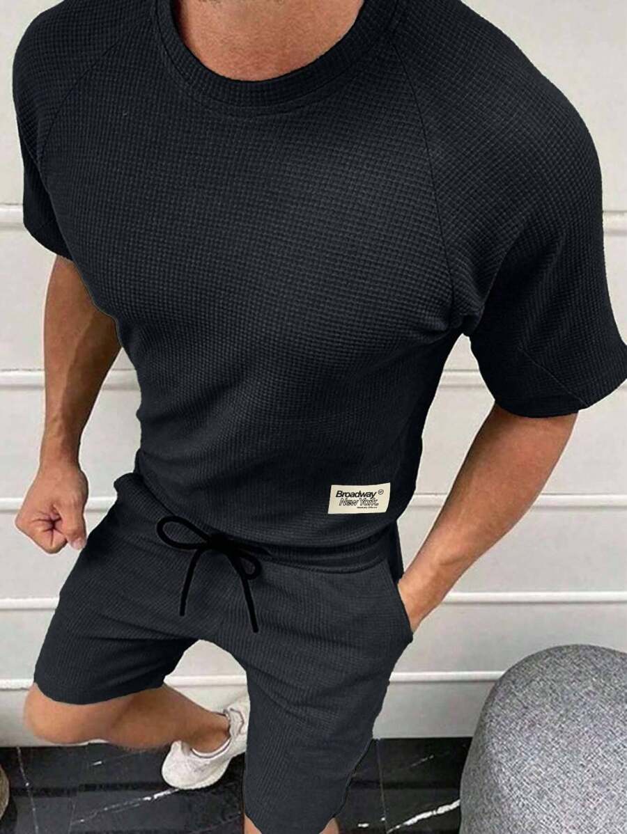 EURMUSE Men Waffle Fabric Raglan Sleeve Patched Regular T-Shirt Set - Dark Grey - View 1