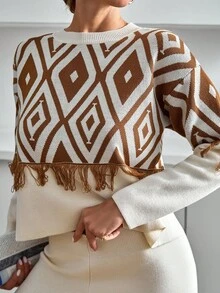 EURMUSE Plus Size Casual Crew Round Neck Ikatt Jacquard Pattern Color Block Fringe Detailed Sweater & Wide Leg Solid Color High Waist Welt Pocket On The Back 2 Piece Knit Set For Fall Wİnter Women - Multicolor - View 4