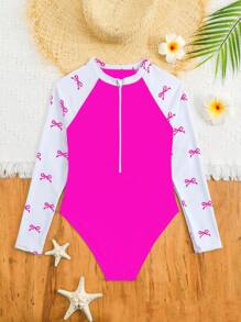 SHEIN 青少年女孩拼色蝴蝶结印花连体泳衣 - 玫紅色 - 查看 2