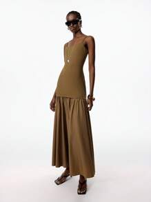 LYSMO Váy hai dây dài 2 trong 1 màu trơn đơn giản, viền bồng bềnh dành cho nữ mùa hè - Màu xanh Ô liu - Xem 5