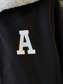 女童毛领连帽印花棉服冬季夹克 - 黑色 - 查看 4