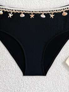 SHEIN Teen Girls Blue Ribbed Tankini Set, Adjustable Spaghetti Strap Top With Shell & Starfish Decor & Bottom Triangle Swimsuit Black Two Piece Swimsuit Black Bathing Suit Set High Waisted Bikini Set Seashell Bikini Halter Neck Bikini