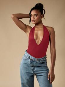 MISSGUIDED 深 V 领露背紧身衣无袖派对俱乐部晚会露背丁字裤紧身衣修身弹力夏季春季舞蹈服 - 酒紅色 - 查看 5