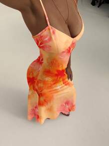 Aloruh Tropical Hibiscus Print Cami Strap Bodycon Sexy Dress, Beach, Vacation, Tropical Print Dress, Orange Summer Dress, Chill Vacation, Summer Getaway, Summer Holiday Chic Dress - Orange - View 7