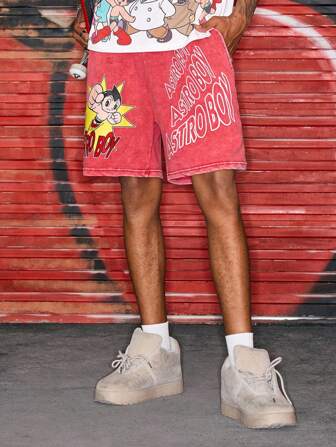 Astro Boy X ROMWE Pantaloncini estivi da uomo con stampe di lettere e figure cartoni animati, adatti per sport o per uso casual