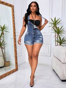 SHEIN SXY Summer Casual Ripped Denim Bib Shorts Denim Overalls - Baby Blue - View 3