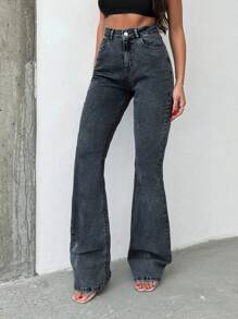 SHEIN Tall HIGH RISE FLARED LONG BLACK JEAN TALL - Dark Grey - View 6