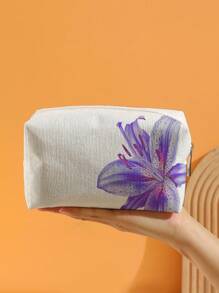 ROMWE Fairycore White Background Purple Lily Flower Pattern Octagonal Velvet Makeup Bag - Multicolor - View 3