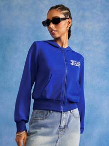 PEPSI X SHEIN Women Letter Graphic Hooded Zip Up Pocket Sweatshirt - Blue - View 6