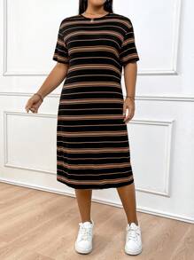 Solflare 女式大码黑白条纹修身短袖圆领连衣裙，夏季 - 棕色 - 查看 5