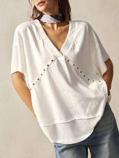 Bohemela 大码女式休闲宽松纯色拼布衬衫