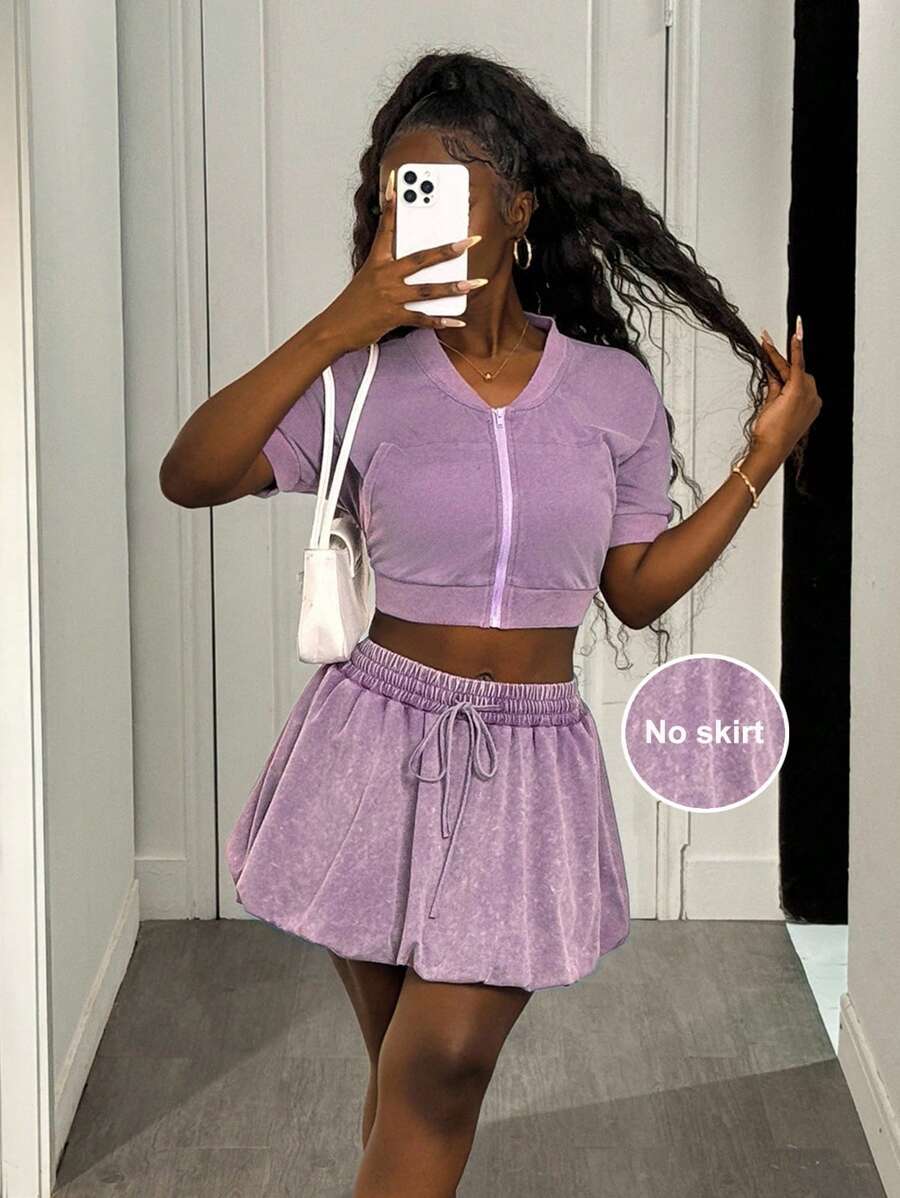 Slaydiva جاكيت قصيرة مزودة بسوستة جينز فوق قميص قصير الأكمام باللون الأرجواني الفاتح، موضة Y2K للشارع والسفر اليومي - وردي - مشاهدة 1