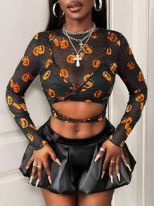 BamGleam Femmes Sexy T-shirt manches longues, ajouré, à motif citrouille en dentelle pour fête d'Halloween - Multicolore - Voir 4
