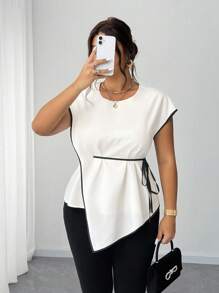 Elenzga Spring/Summer Round Neck Black & White Patchwork Handkerchief Hem Elegant Casual Commute Tie-Up Fashion Design Daily Office Wear Plus Size Women Blouse - White - View 3