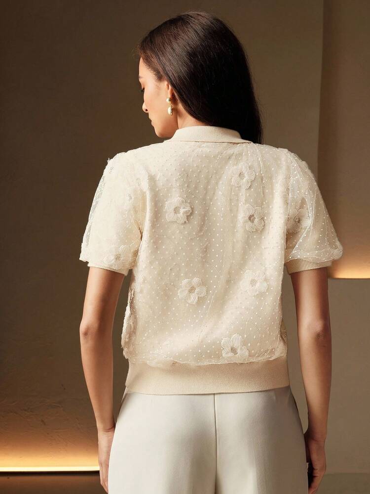 Women's Summer Elegant Glitter Floral Splice Mesh Puff Sleeve Turndown Collar Cardigan