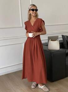 DAZY 优雅纯色V领荷叶边中长款女士秋季连衣裙 - 橘色 - 查看 6