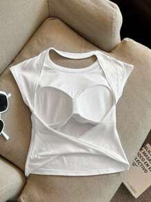 INAWLY Women's Plus Size Sexy Solid Backless T-Shirt, Summer - White - View 2