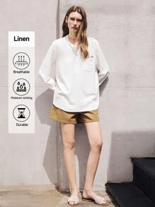 TrendSteals Women's Embroidered Linen Casual/Work Shirt With Small Stand Collar And Long Sleeves - White - View 6