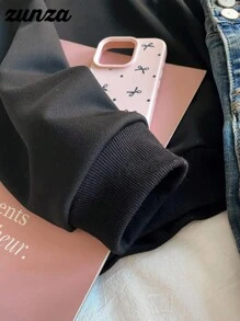 少女休闲百搭度假卫衣，黑色宽松半拉链卫衣，适合秋冬季穿着 - 黑色 - 查看 4