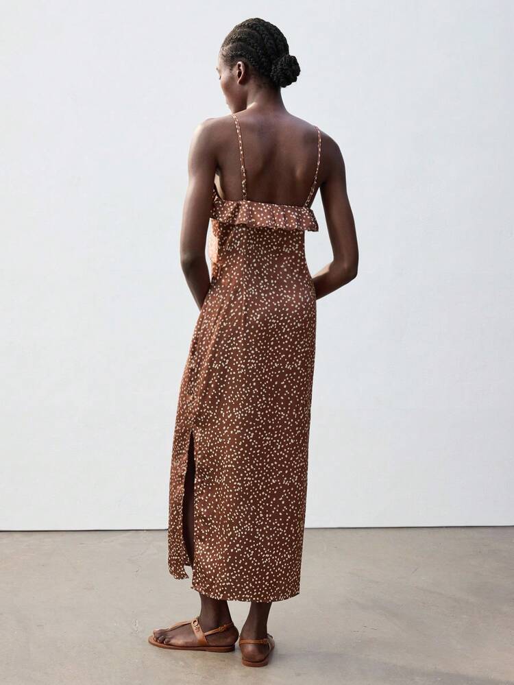 SHEIN Maija 봄과 여름 새로운 갈색 직조 새틴 폴카 도트 프릴 플로럴 어반 휴가용 모던 우아한 로맨틱 여성용 롱 드레스 외출, 휴가, 파티, 음악 축제에 적합