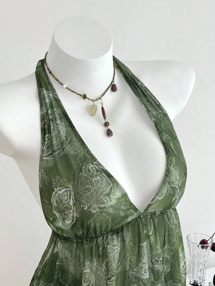 Elamini 女式复古印花 V 领挂脖吊带背心，适合春夏季度假